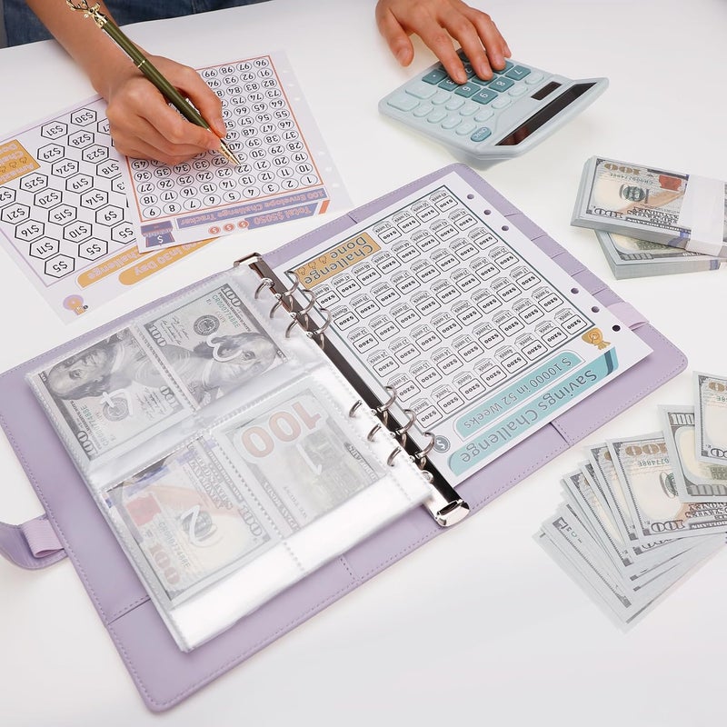 Antner 100 Envelopes Money Saving Challenge Binder, Savings Challenges Book with Envelopes & 3 Challenge Trackers to Save $5,050 and $500 and $10,000, A5 Budget Binder Money Saving Book, Purple - Image 5